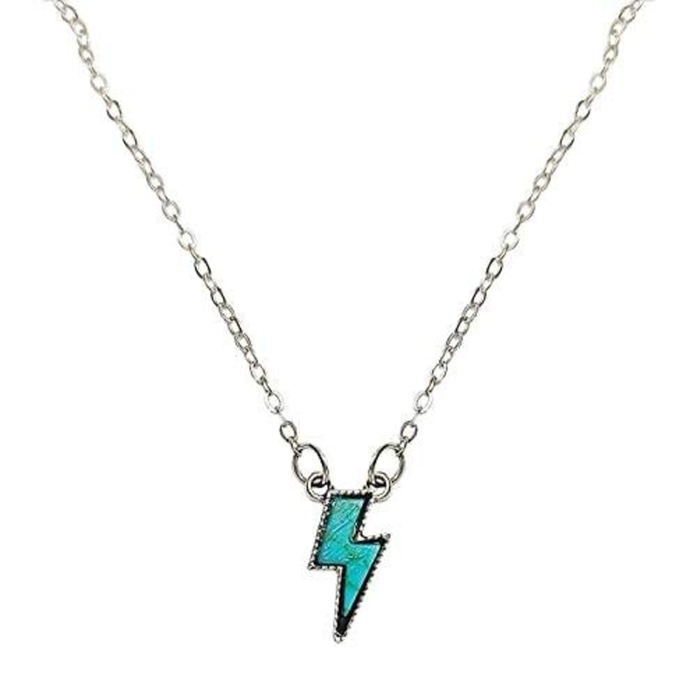 Turquoise Lightning Bolt Pendant Necklace‎ Silver Tone Cable Chain Edgy Jewelry